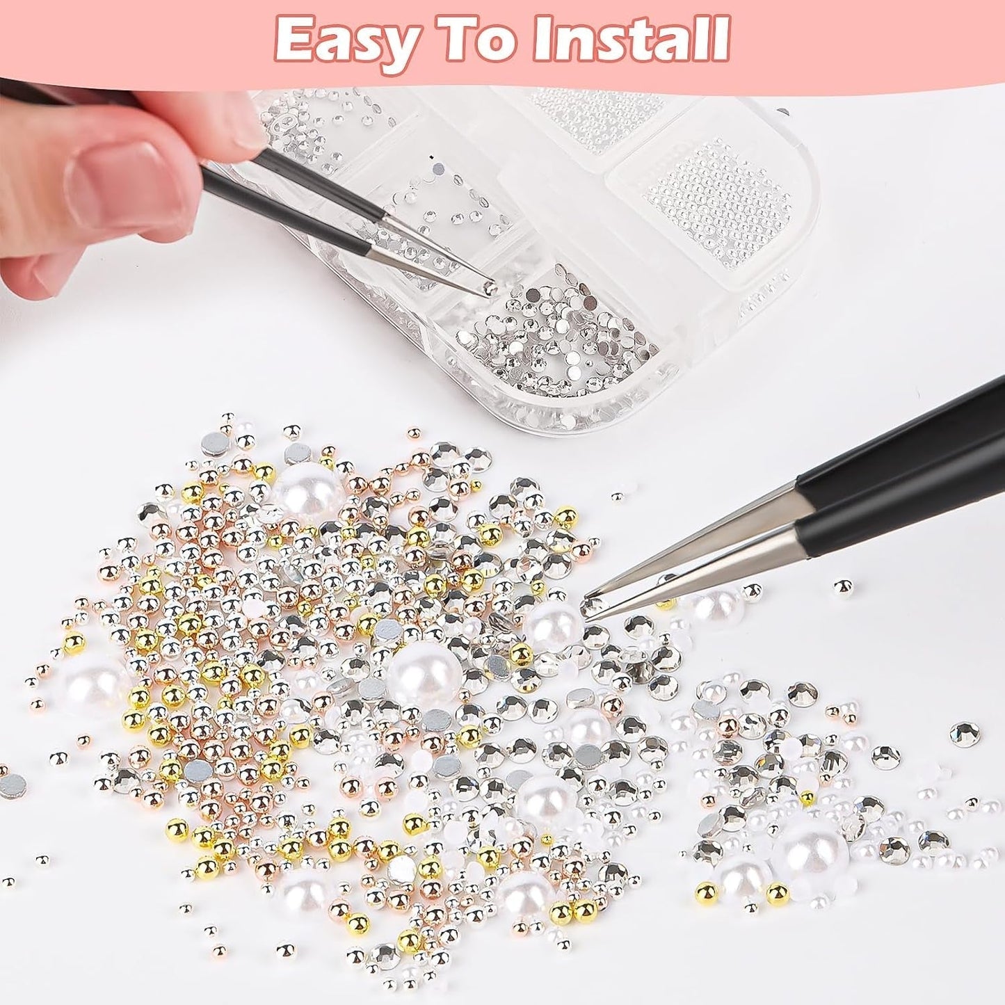 2 Boxen Nail Art Strasssteine, Mit Pincett Nägel Flatback Perlen Nail Charms Mit Kristallen Nagelzubehör Diamanten Edelstahl-Perlen Für Nagelschmuck