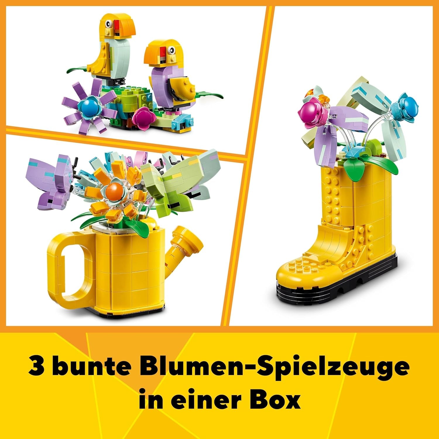 LEGO Creator 3-i-1 blomstersprinklerset, dekoration av barnrum, bygg en sprinkler med en bukett blommor, gummistövlar eller 2 leksaksfåglar, kreativ present till flickor och pojkar 8 år gamla 31149 Byggset Besuche den LEGO-Store