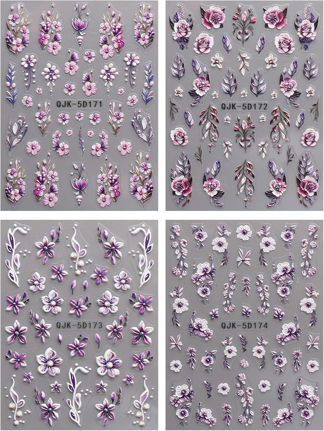 JMEOWIO 3D Nagelsticker Blumen Nail Art Sticker Selbstklebend Nagelaufkleber 5D Stereoskopisk Frühling Sommer Dekoration Nageldesign Zubehör 4 Blatt