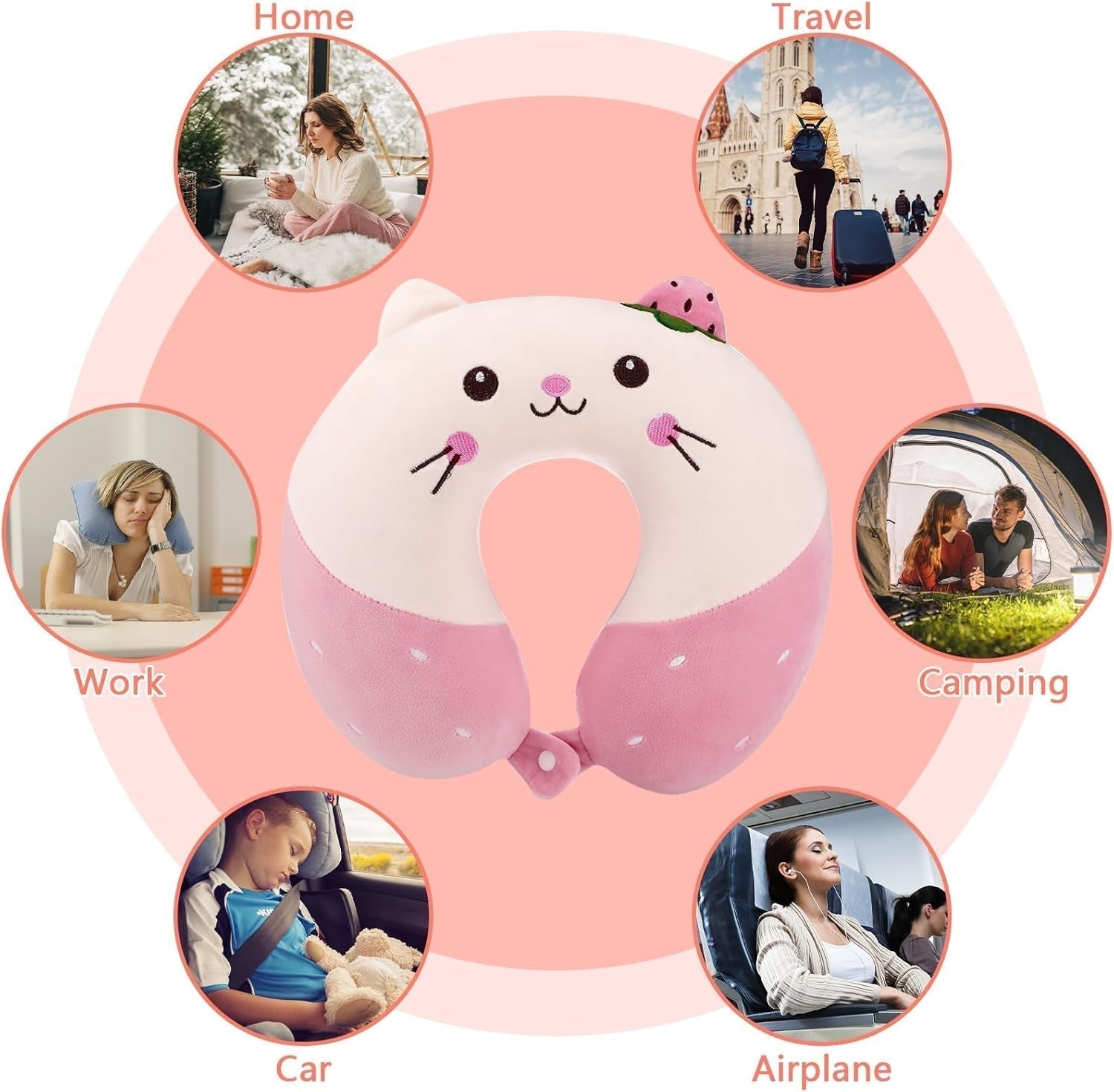 Litimkat Nackkudde för barn Bärbar nackkuddeï¼ŒResekuddeï¼Œ U-formad Memory Foam Kudde Resa Flygplan Bil Tåg Kontor Hem Söt Djurmönster Kuddfodral Avtagbar (Rosa) Cervikala ortopediska kuddar Naty Shop