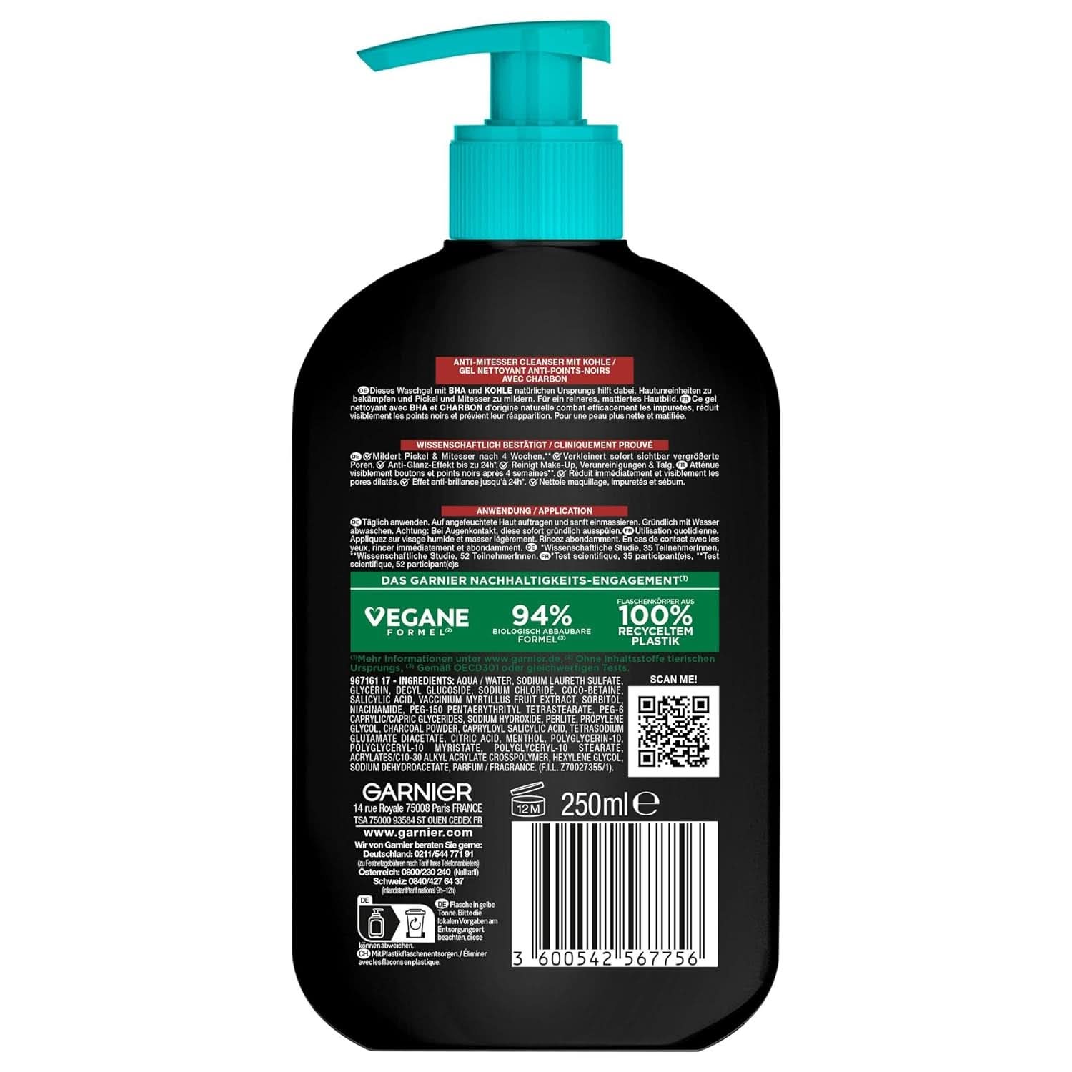Garnier Charcoal Cleanser Ansiktsrengöringsgel mot pormaskar & finnar 250ml dusch & bad Naty Shop
