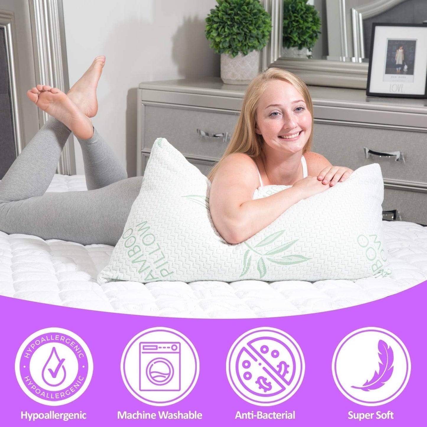 King Size 2-pack bambukudde - Strimlad Memory Foam Justerbar sovbäddskudde - Rygg, mage, sidosöm, avtagbart överdrag, Cooling Hotel Down Alternative, King (2-pack) Naty Shop Standardkuddar