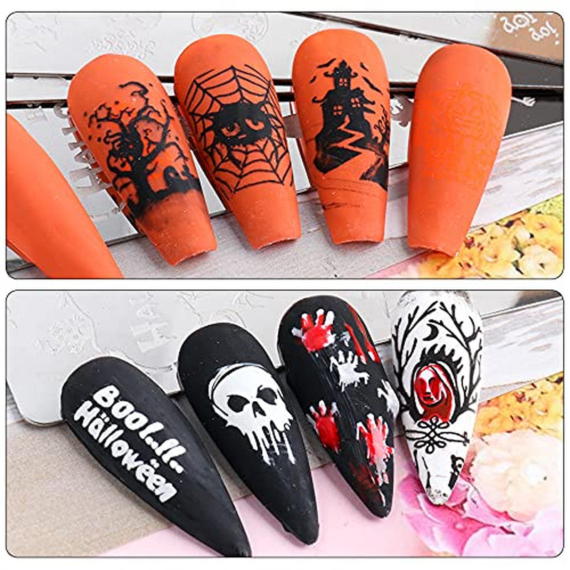 JMEOWIO Nail Stamping Stencils Halloween 6 Stück Nagelstempel Stencils Nail Art Dekoration Nageldesign Zubehör Böse Gruselige Kürbis-Geisterhexe