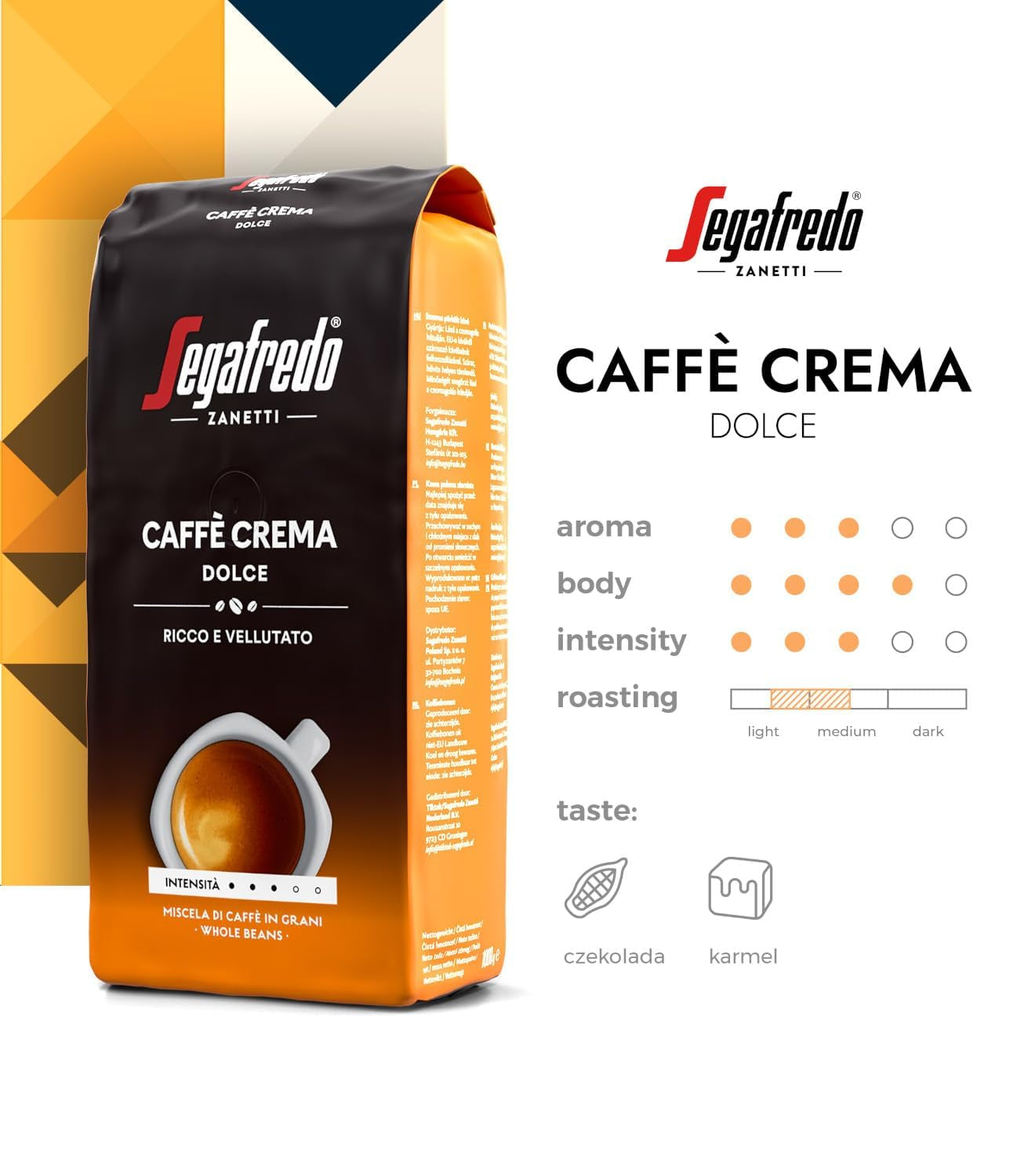 Segafredo Zanetti Caffè Crema Dolce - Hela bönor (1 kg-pack) - Lämplig för Caffè Crema - Lätt till medelrostade kaffebönor med mild och balanserad smak (2-pack)