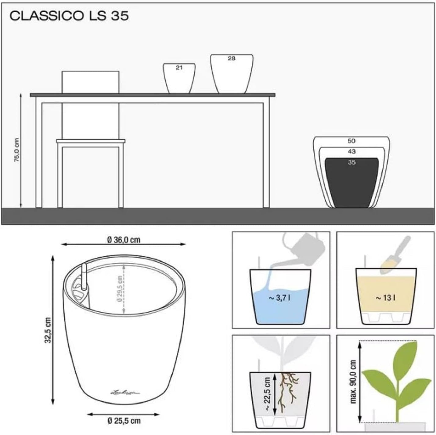 Planteringskärl LECHUZA Classico Color LS skiffergrå med bevattningssystem |Ø 35 × 32 cm|14281