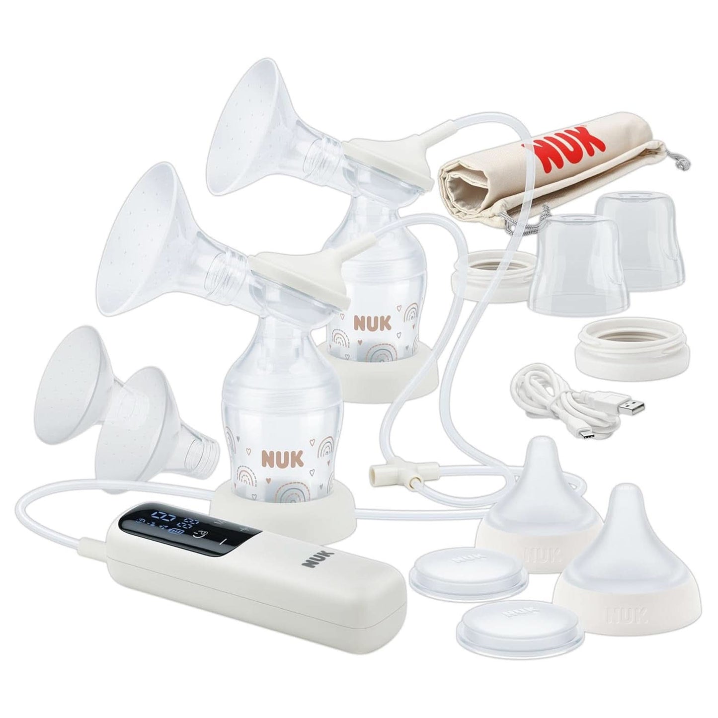 NUK manuell bröstpumpset, mjuk silikonkudde, 2 perfekt matchade flaskor, 150 ml Mat och amningstillbehör Bebe Naty Shop Doppel-Milchpumpe