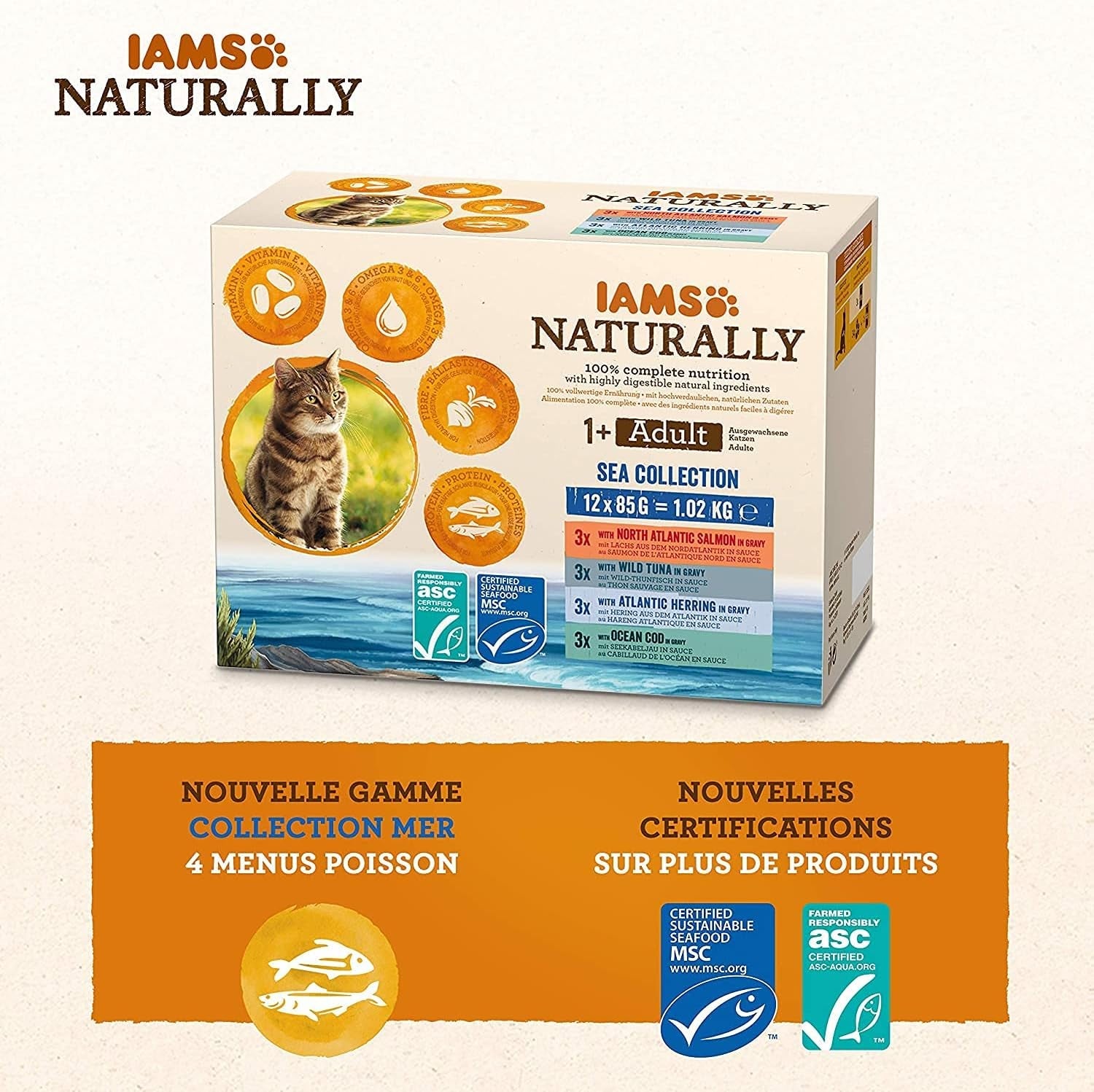 IAMS naturligt vått kattmat i sås - högkvalitativt våtfoder med fisk för vuxna katter, Sea Collection, 12 x 85g