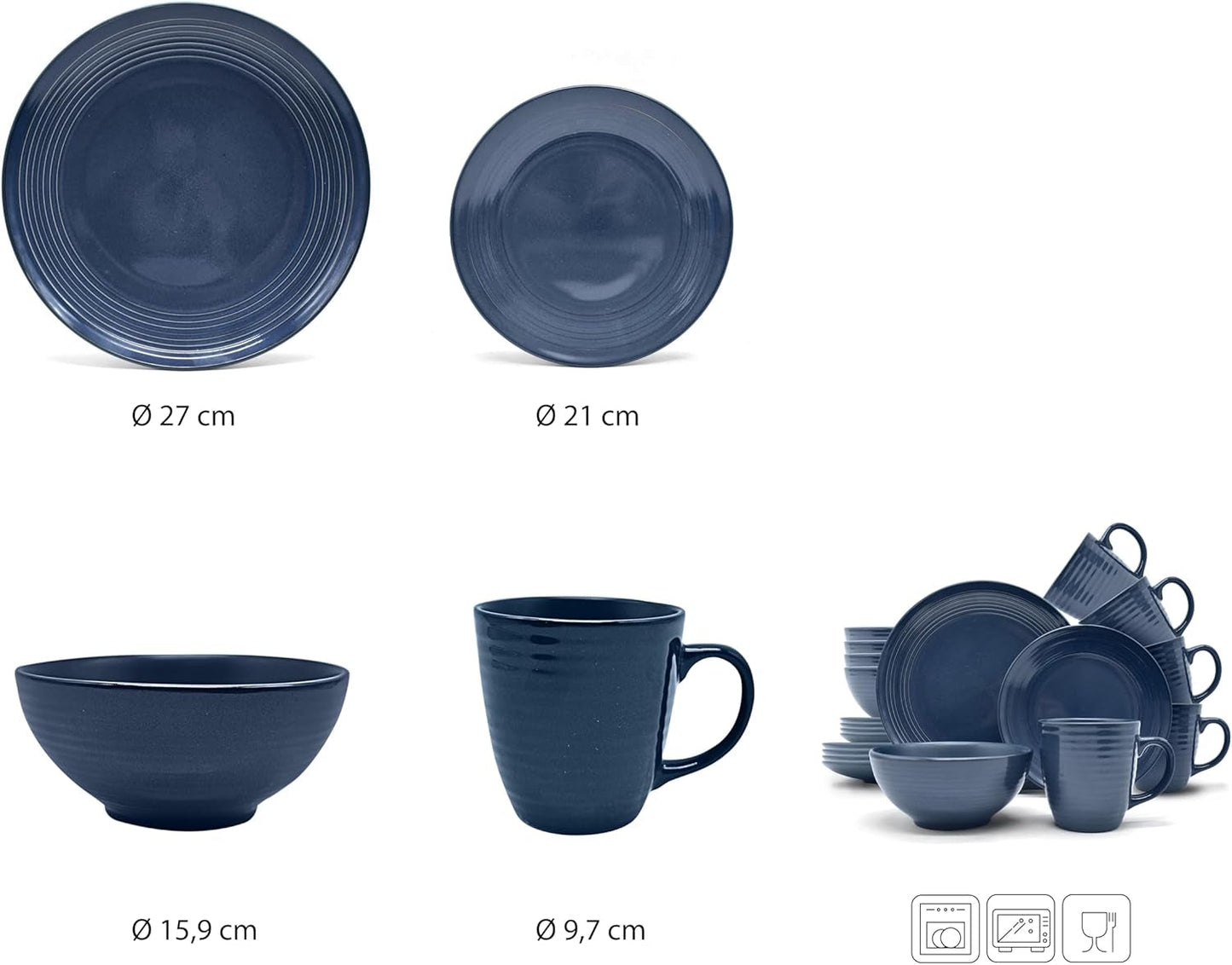 ECHTWERK "Alicia" 16 delar vintage kombinerat servisset Modern design för 4 personer Elegant mörkblått stengods servisset med 4 tallrikar 4 sidotallrikar 4 skålar 4 tekoppar