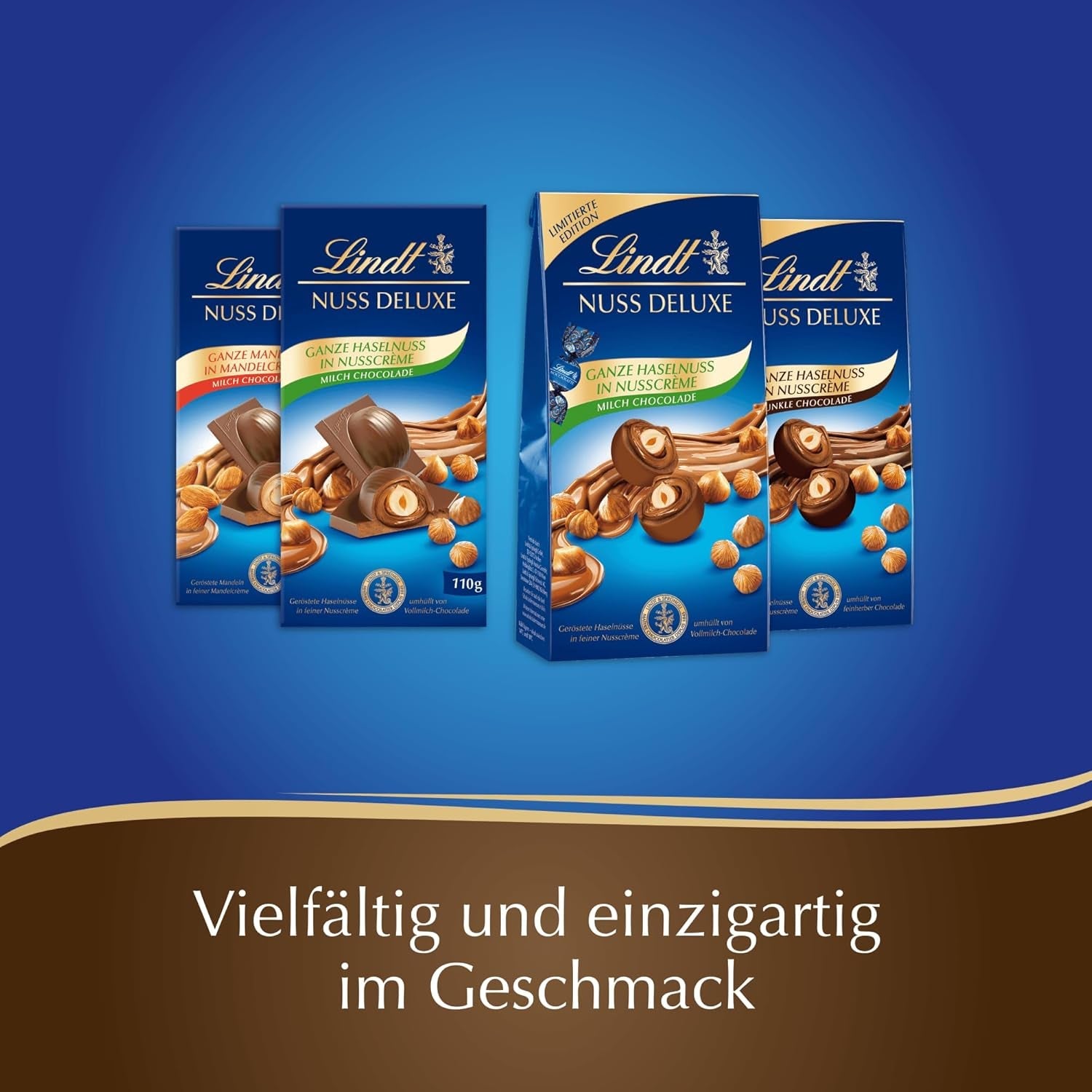 Lindt Choklad | NUT DELUXE Chokladkaka med mjölk och mandel | 110g | Mjölkchoklad med rostad mandel i en slät mandelkräm | Chokladkaka