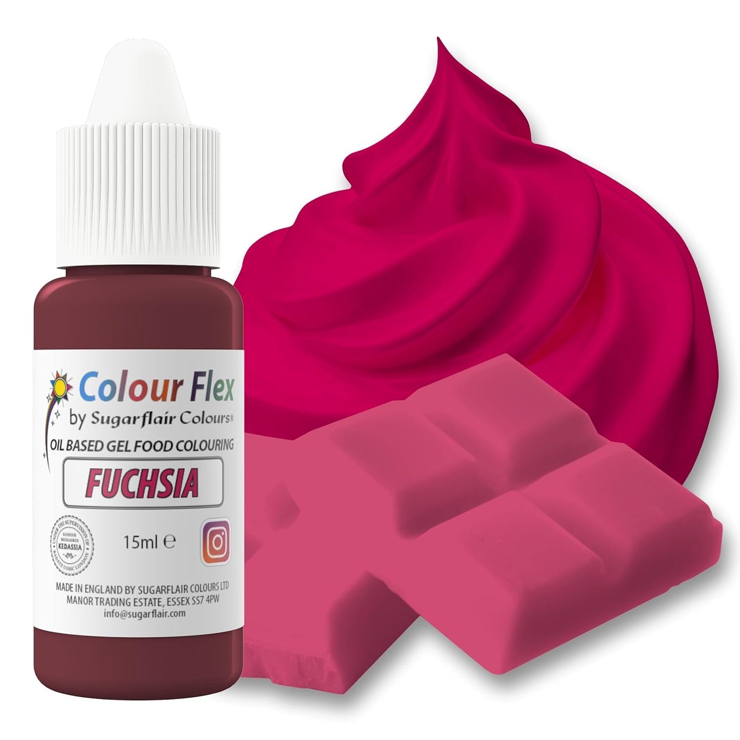 Sugarflair Colourflex Fuchsia oljebaserad matfärgning, högkoncentrerad flytande livsmedelsfärg, matfärg för smörkräm, choklad, deg, fondant, glasyr och mer - 15 ml