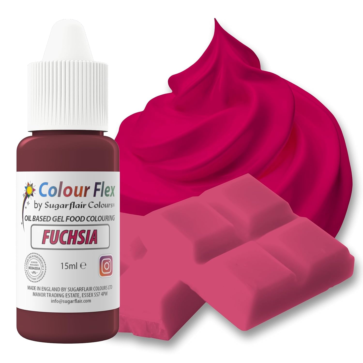 Sugarflair Colourflex Fuchsia oljebaserad matfärgning, högkoncentrerad flytande livsmedelsfärg, matfärg för smörkräm, choklad, deg, fondant, glasyr och mer - 15 ml