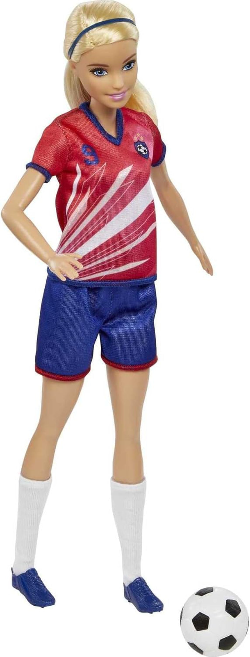Barbie You Can Be Anything-serien, fotbollsspelare, fotbollsspelare med blondt hår, röd och blå tröja, boll, tillbehör, docka ingår, present från 3 år och uppåt, HCN17
