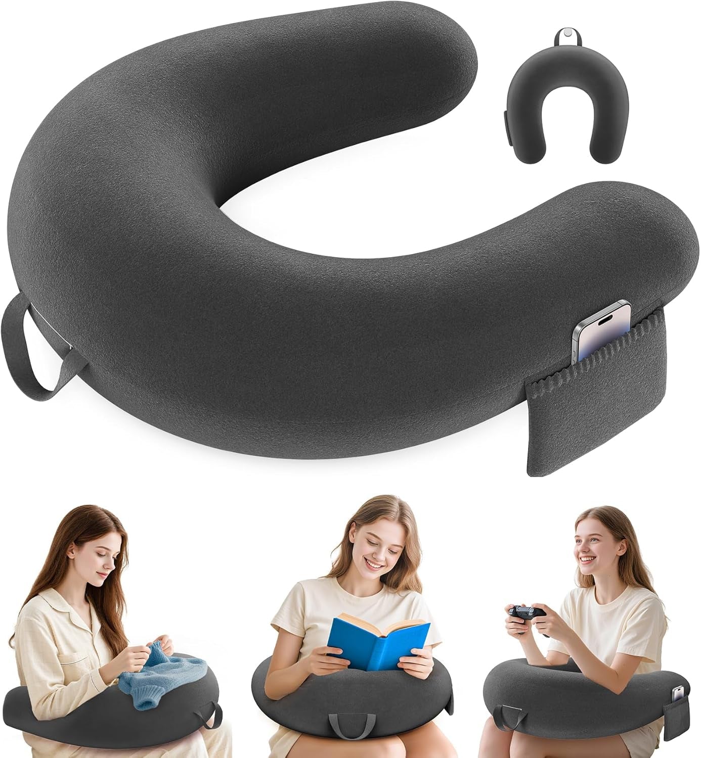 Spel- och läskudde, Läskudde för säng/soffa/golv, matning/virkad kudde med stor ergonomisk spelkudde, Gamerkudde för iPad/laptop - svart