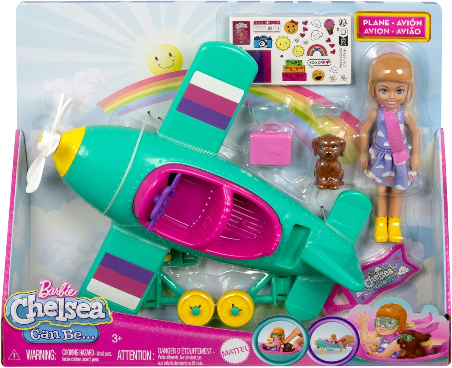 Chelsea Barbie Doll Flygplan och lekset - Pilotdocka, flygplan, valp- och sagotillbehör, spinnhjul och blompropellrar, 3+, HTK38