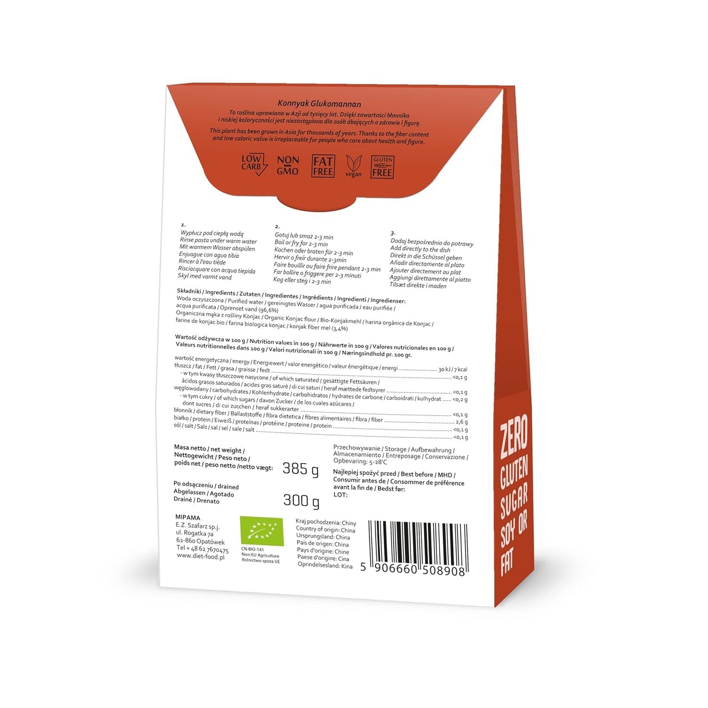 Fettuccine Konjac Nudlar Bio Shirataki Diet-Food - 300 g, lågkolhydrat, sockerfri, keto, vegan, lågkalori, glutenfri och äggfri, gjord av konjacmjöl