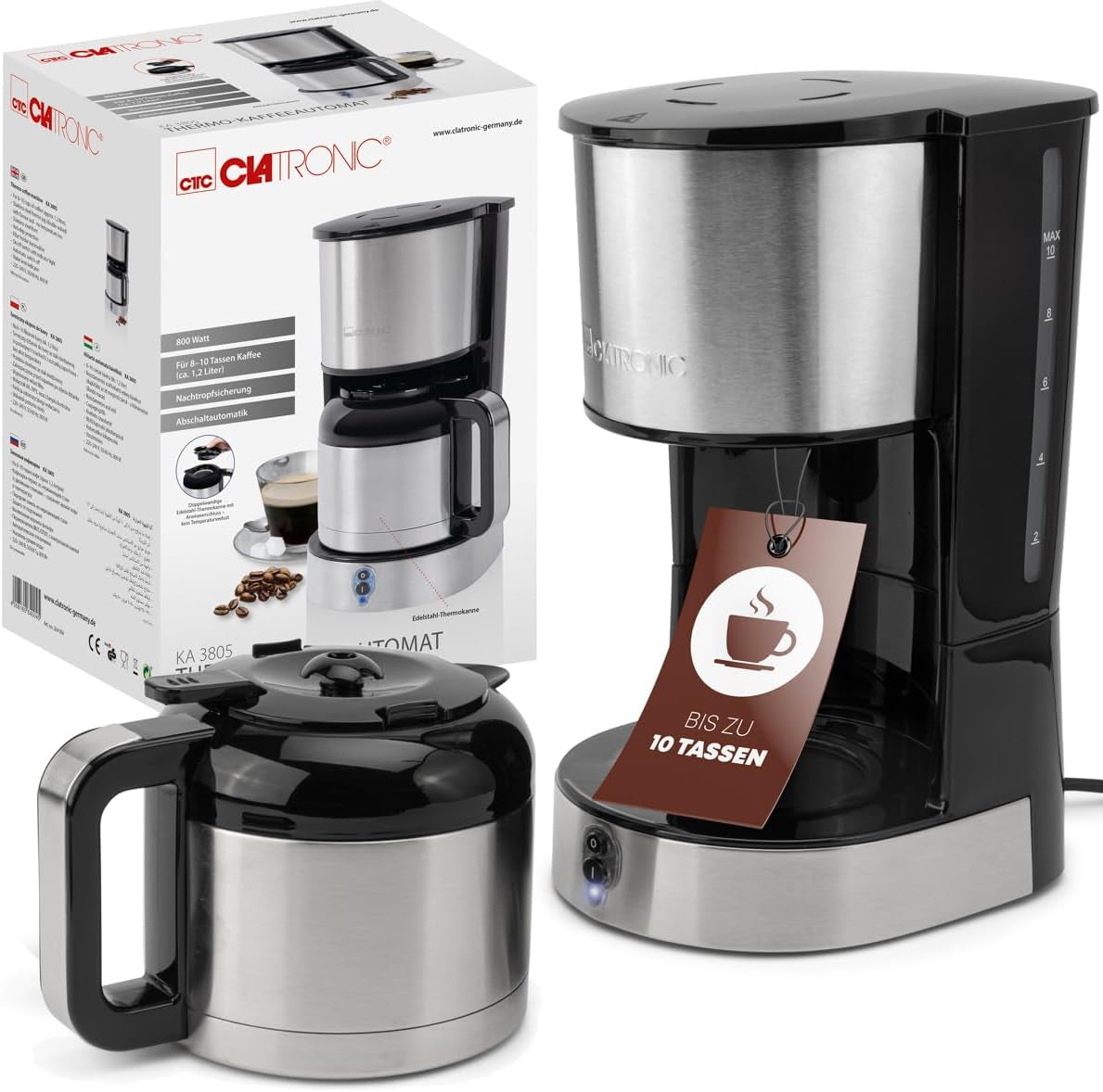 Clatronic® kaffebryggare med termokanna för 8–10 koppar kaffe (ca 1,2 l) | Kaffebryggare med filter i rostfritt stål | Dubbelvägg termokanna | Ingen temperaturförlust | Kaffebryggare 800 W | KA 3805