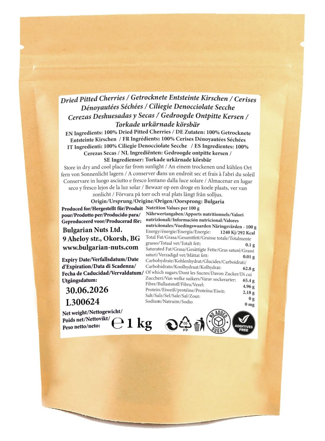 1 kg soltorkade, urkärnade, naturligt söta körsbär - inget tillsatt socker, inga tillsatser, inga konserveringsmedel. Riktiga körsbär - riktig smak. Naty Shop uttorkade produkter