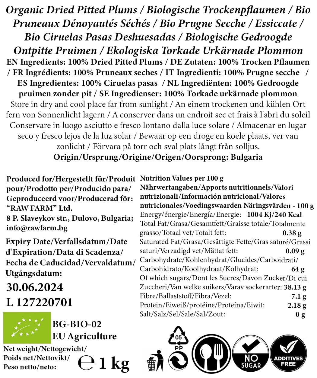 1 kg ekologiska torkade plommon utan gropar, utan fukt, utan tillsatser, utan konserveringsmedel, alla naturliga Dehydrerade produkter Naty Shop