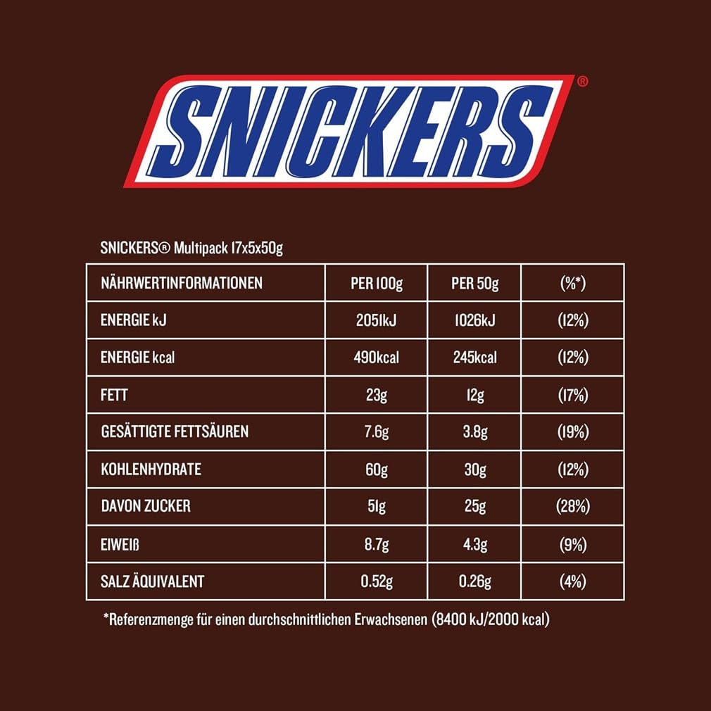 Snickers Chocolate Bar Peanut Caramel 5 Bar Pack | Snack fotboll | (1 x 5 x 50 g)