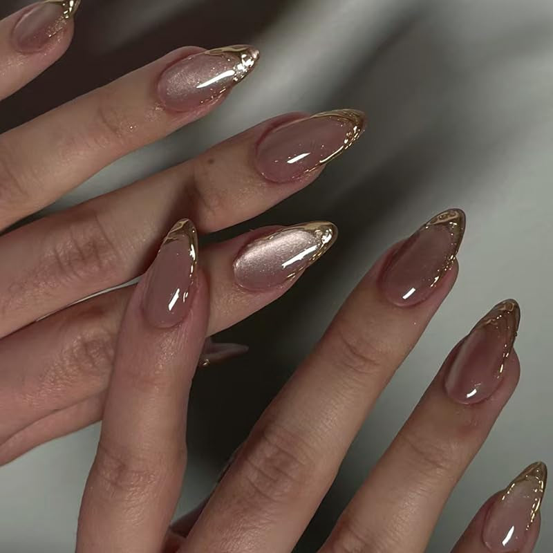 Moonglow korta magnetiska lösnaglar, rosa mandelröd gradient glitter kattöga med lim, rosa röd ombre glitter fototerapi konstgjorda naglar för kvinnor och flickor