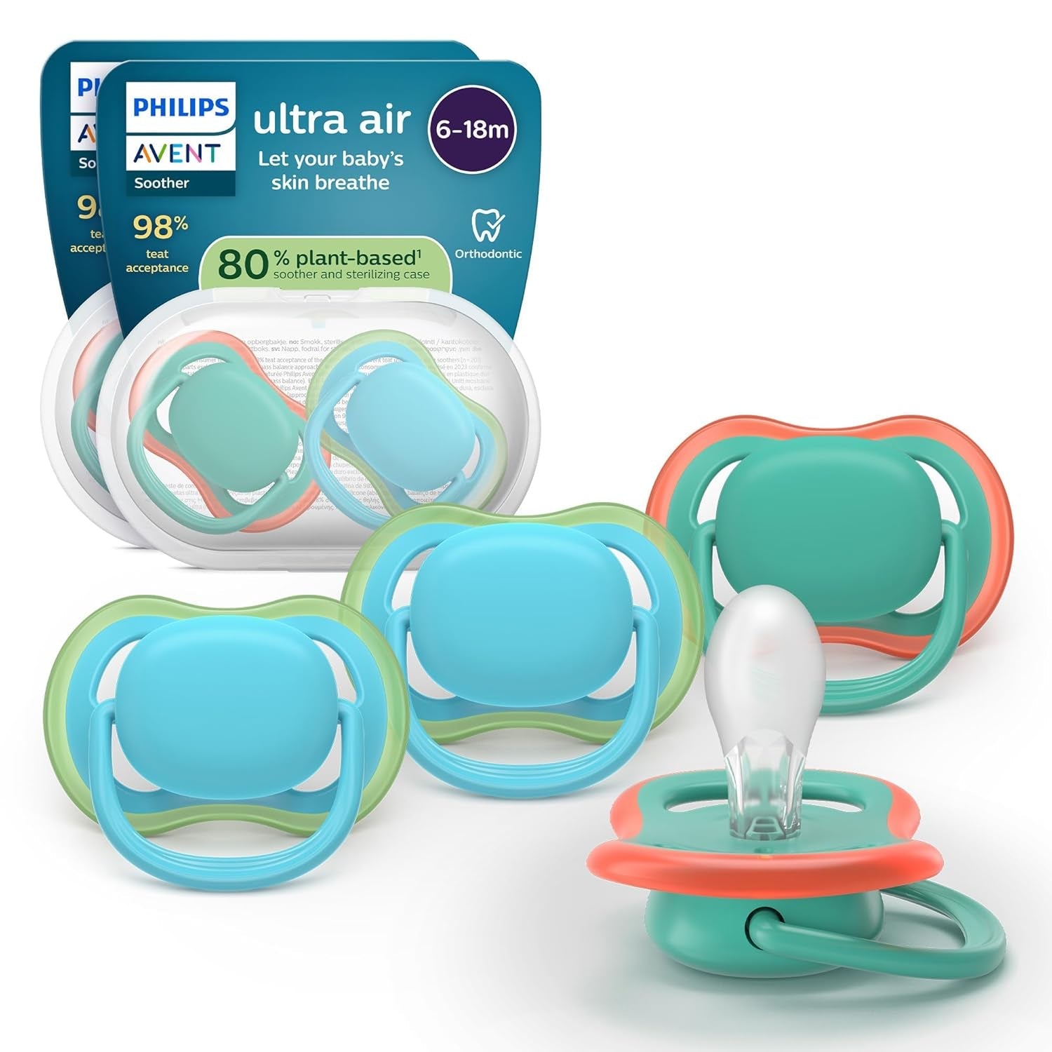 Philips AVENT ultraluftnappar - paket med 4 BPA-fria nappar som andas för bebisar 6-18 månader, inklusive bärväska och sterilisering, sköldpadda/valmönster (modell SCF085/66)