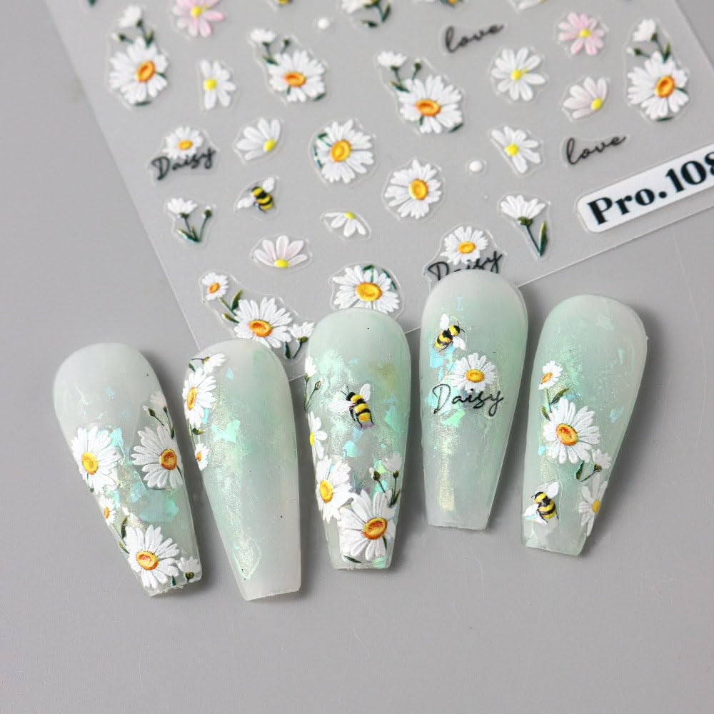 5st Geprägte Gänseblümchen Nagelsticker Selbstklebend Blumen Nagelaufkleber Gänseblümchen Schmetterling Nagel Sticker Nageldesign Aufkleber Nägel Zubehör Blume Nail Sticker Flower Nail Art Stickers