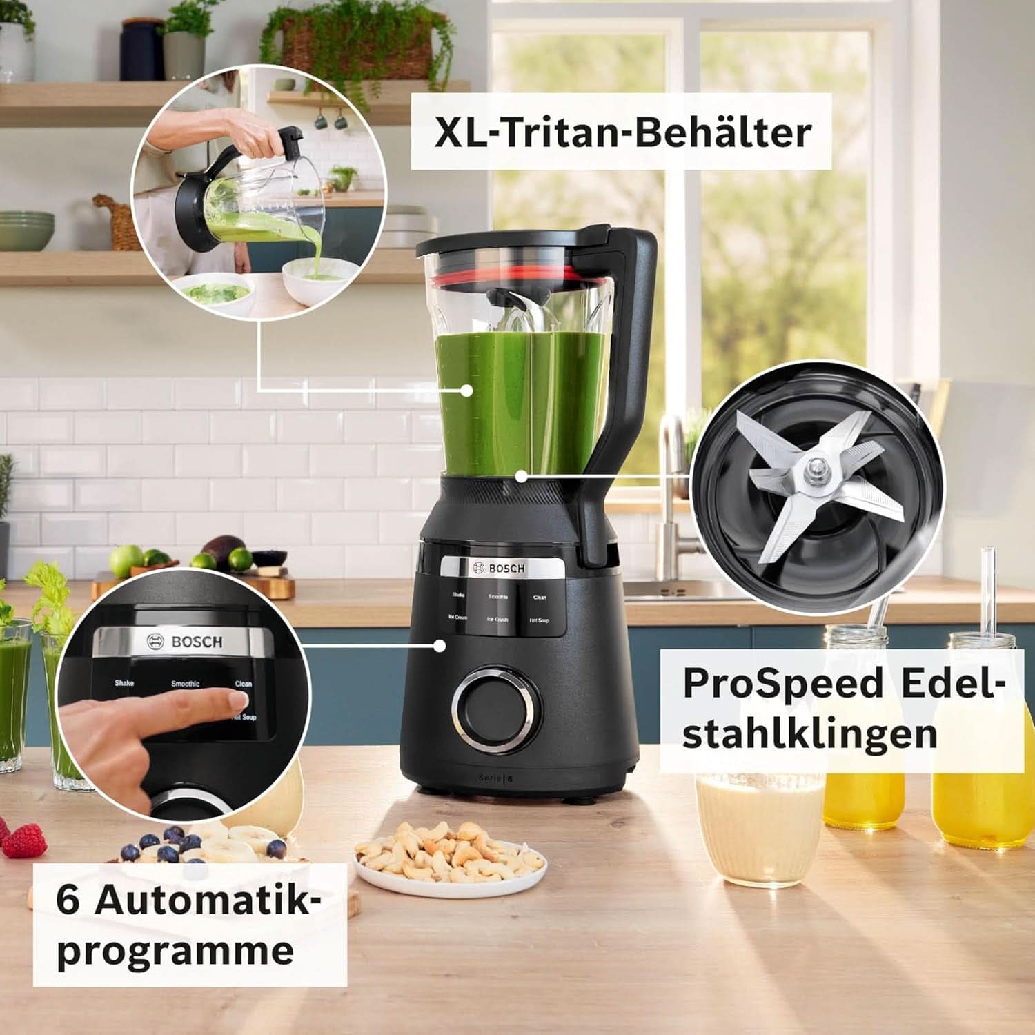 Highspeed-Standmixer Vitapower Serie 6 MMBD665B1, 45 000 U/Min, 6 Program Inkl Heiße Suppe & Reinigung, 2 L Mixbehälter, Stopfer, Spülmaschinenfeste Teile, Made in Europe, 1800W, Schwarz Kitchen Naty Shop