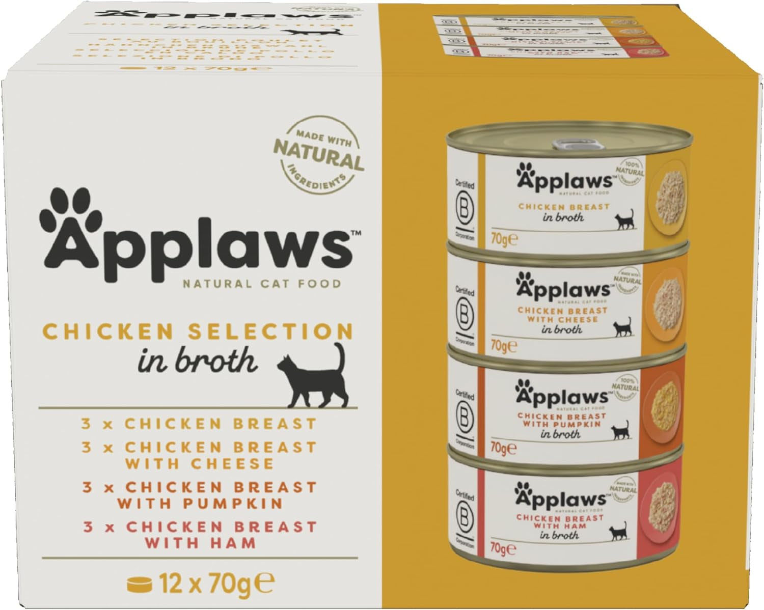Applaws 100 % naturlig premium våtmat för katter Kycklingbuljong för vuxna katter - 4 boxpack (12 x 70 g)