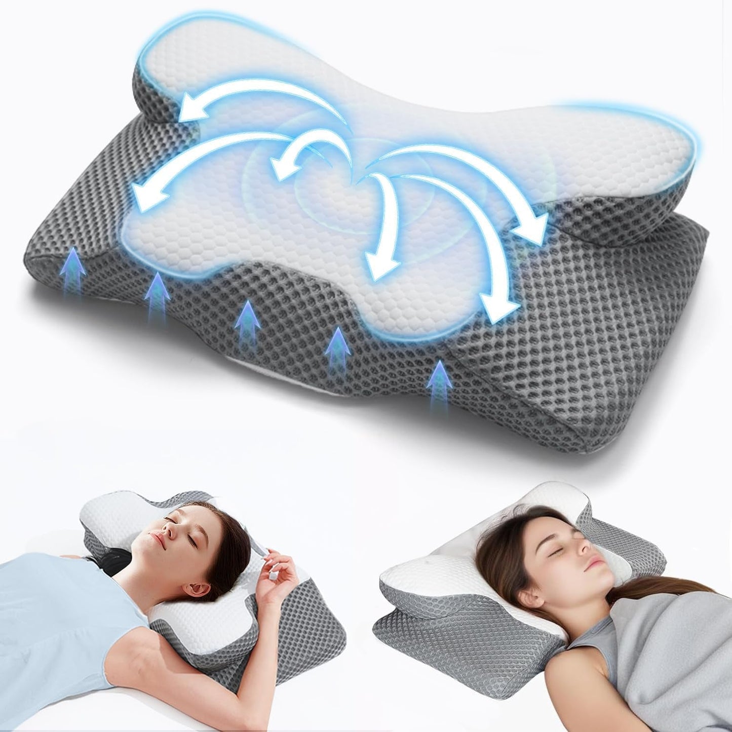 2 i 1 nackkudde, kudde med memory foam, ergonomisk ortopedisk kudde, 2 sovhöjder, nackstödskudde för sida / rygg / magstöd Cervikala ortopediska kuddar Naty Shop Grey