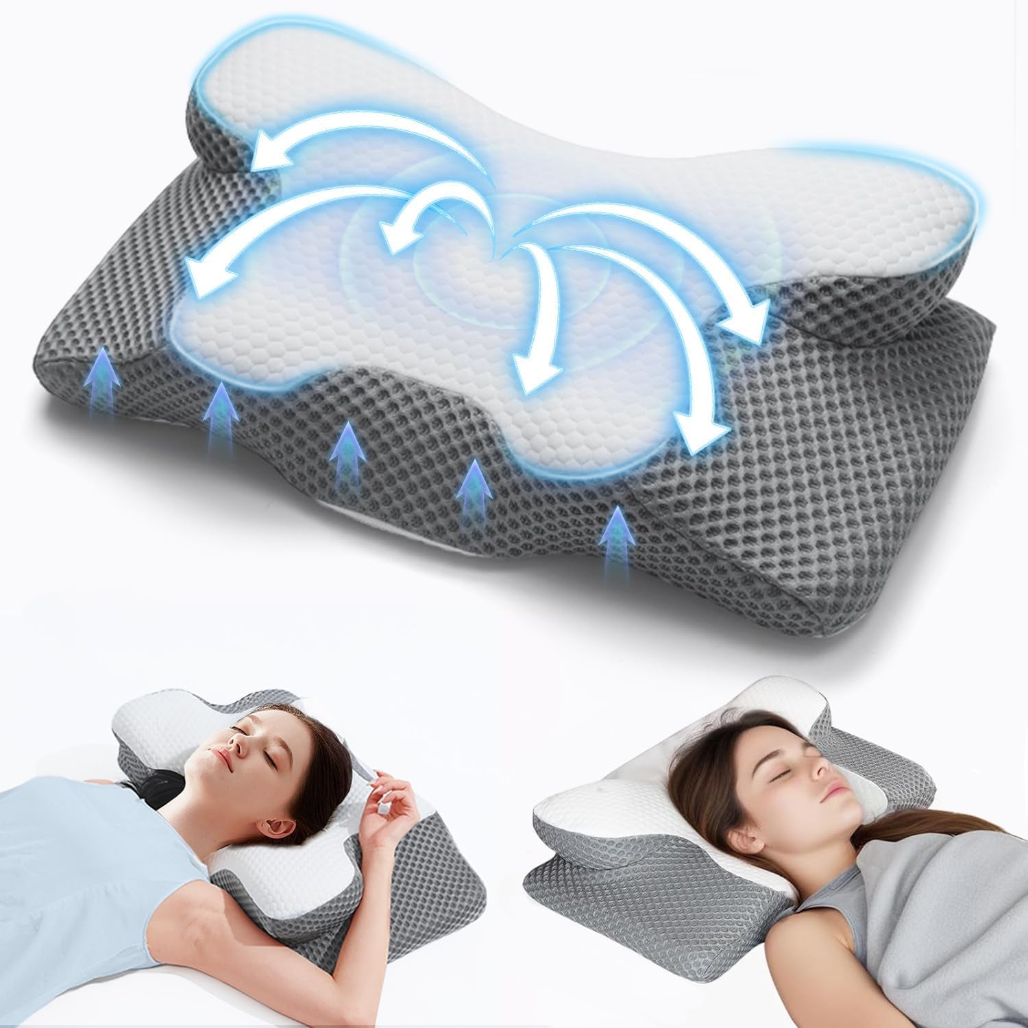 2 i 1 nackkudde, kudde med memory foam, ergonomisk ortopedisk kudde, 2 sovhöjder, nackstödskudde för sida / rygg / magstöd Cervikala ortopediska kuddar Naty Shop Grey
