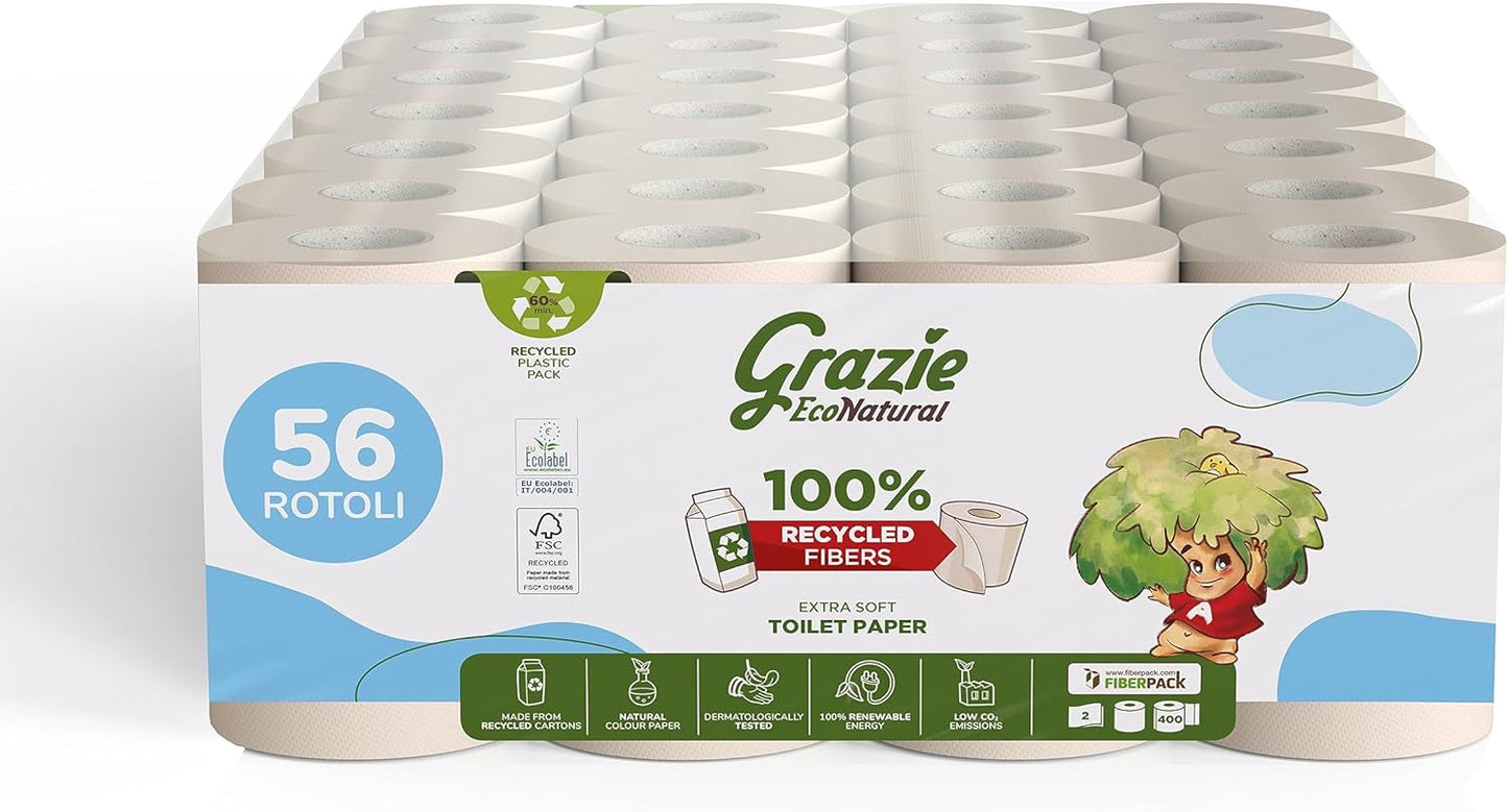 Grazie naturligt toalettpapper, Econatural, 56 rullar, fiberpack återvunnet toalettpapper, 100 % ekologiskt, miljövänligt, miljömärkt och FSC-återvunnet, tillverkat i Italien