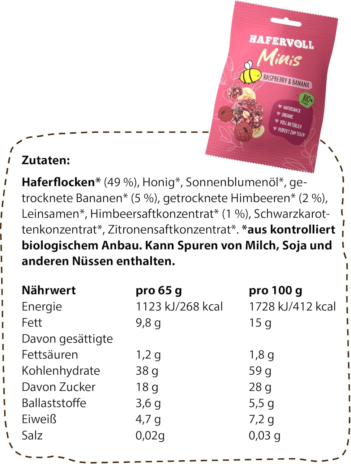 HAFERVOLL Minis Raps och Banan 8x 65g - Certifierad ekologisk, med honung, utan tillsatt socker, perfekt att dela