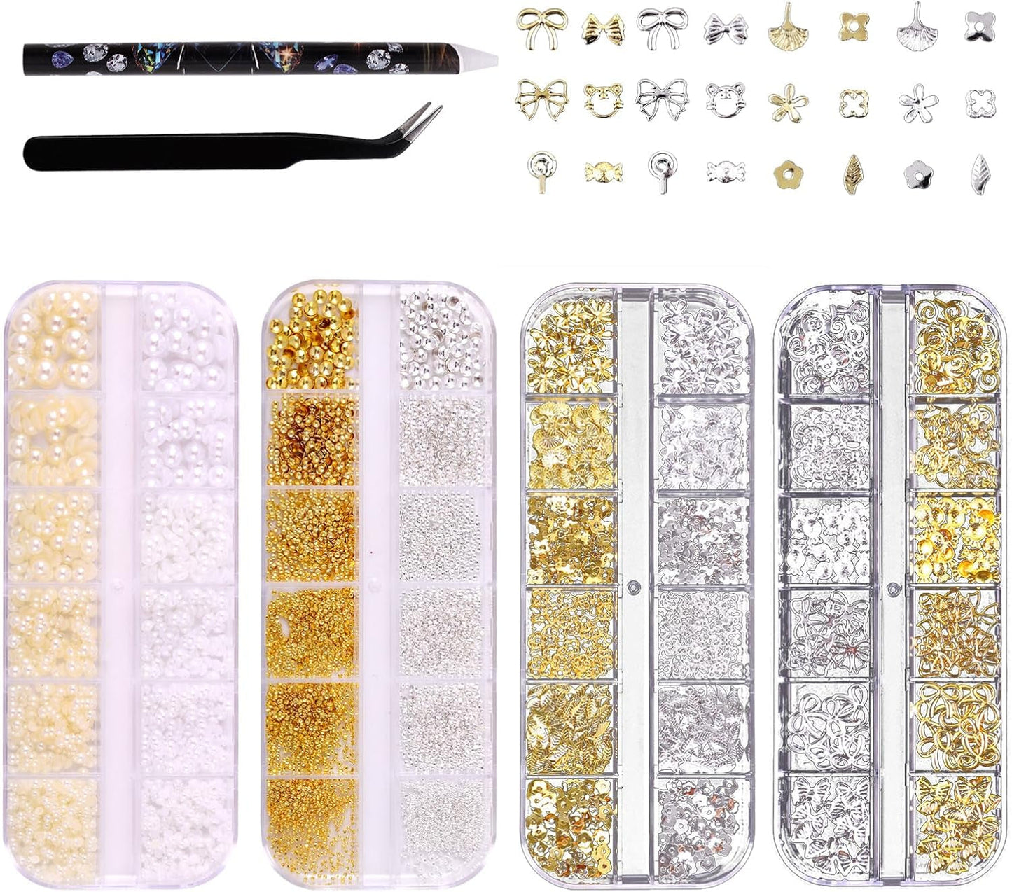 Nail Key Chains 4 Box Set - 48 typer Guld & Silver 3D Nail Key Chains (Fjärilar, Blommor, Pärlor, etc.) + Pincett & Penna - För DIY Gel & Akrylnaglar | Ideal for nail salon and home