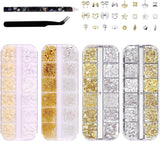 Nail Key Chains 4 Box Set - 48 typer Guld & Silver 3D Nail Key Chains (Fjärilar, Blommor, Pärlor, etc.) + Pincett & Penna - För DIY Gel & Akrylnaglar | Ideal for nail salon and home
