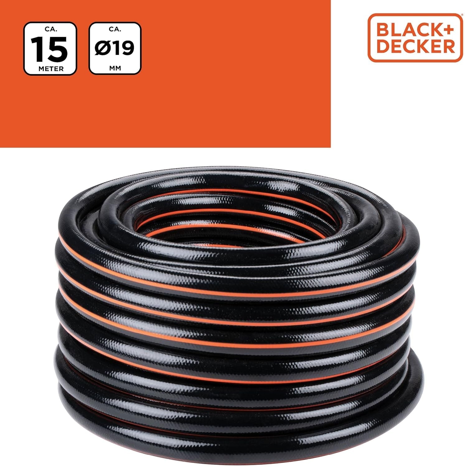 BLACK+DECKER Trädgårdsslang 15 meter - Ø19MM - Slitstark PVC - Vattna trädgården, tvätta bilen, fylla poolen - Kompatibel med alla vanliga kranar - Svart/Orange