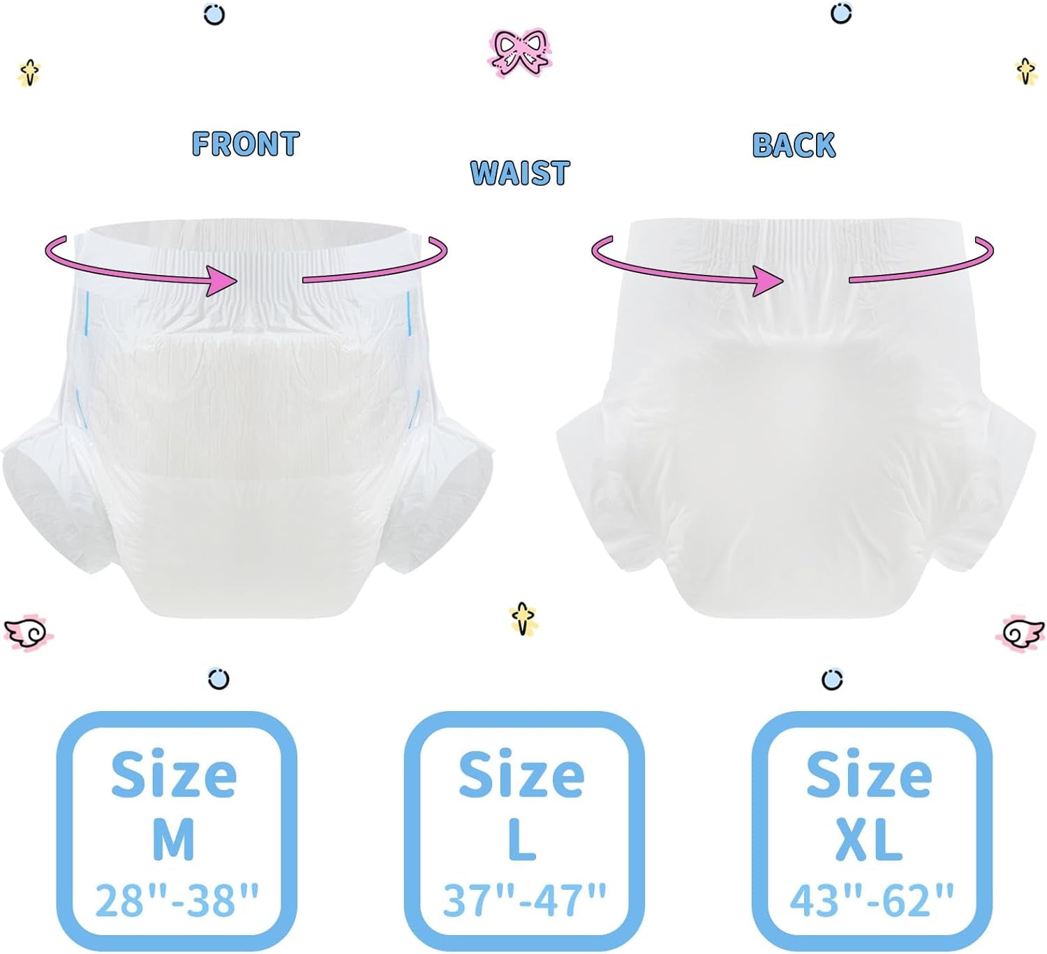 CutiePlusU vuxenblöjor, 10-pack inkontinenstrosor för engångsbruk med öglor för kvinnor och män, maximal absorptionsförmåga över natten - vit (medelstor 71-96 cm)