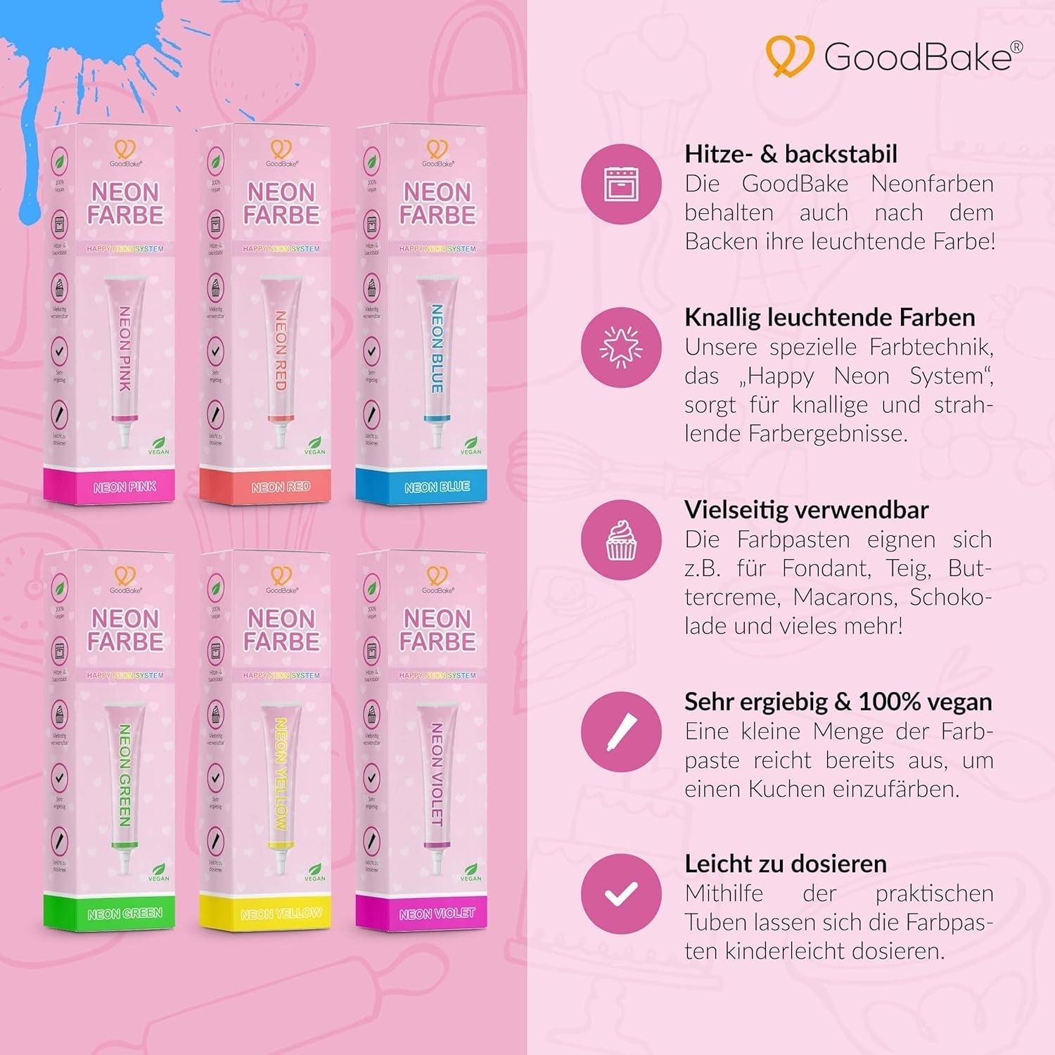 Goodbake Neonlebensmittelfarben 6 Farben Set – Intensiv Lebensmittelfarbe – Lebensmittelfarbpaste – Zum Einfärben Von Torten, Fondant, Buttercreme Uvm. – 100 % vegansk Naty Shop