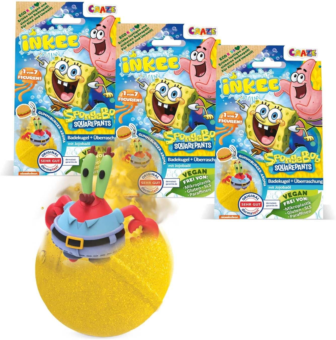 INKEE Spongebob Surprise Kids Bath Bomb Svampbob Fyrkant Samlarobjekt 80 gram Naty Shop Set med 3 Spongebob Surprise Bath Bombs