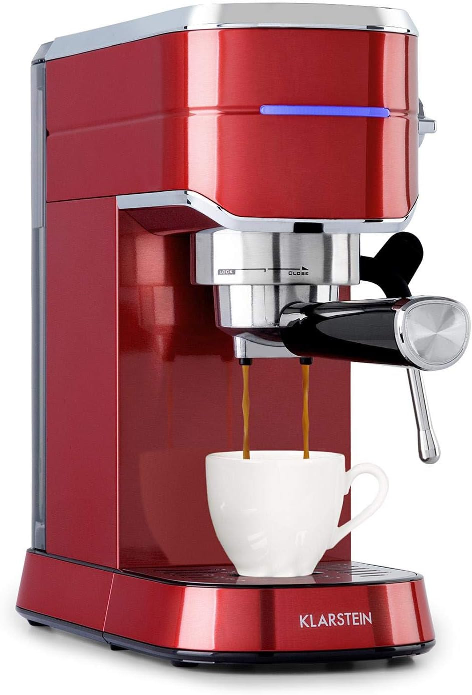 Klarstein Futura Espressomaskin, Portable Filter Espresso Machine, 1450 W, 20 bar, Barista Quality, Dubbelmunstycke, Flow Stop, Portable Filter Espresso Machine, Mjölkskummare Funktion, Silver