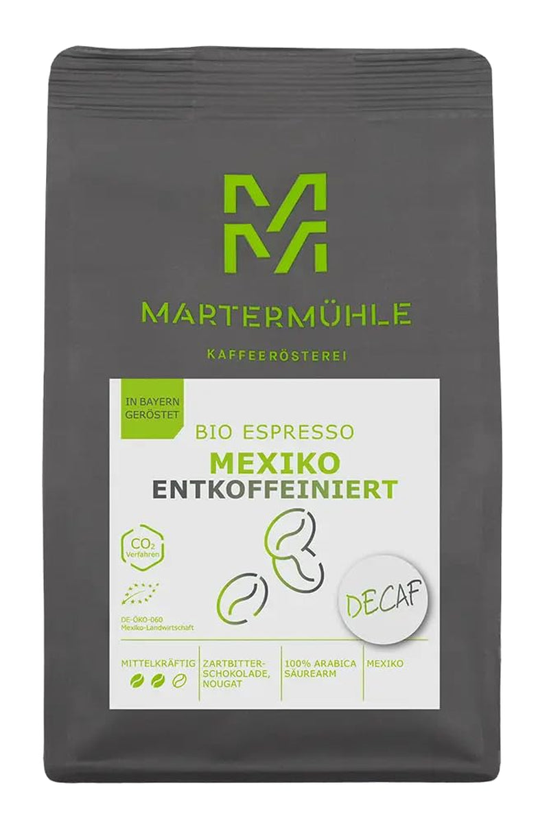 Martermühle Mexiko Bio Espressobohnen entkoffeiniert 1kg mittelkräftig I Arabica I Smak: Nougat, Zartbitterschokolade I Ganze Bio Espresso-Bohnen schonend geröstet, säurearm