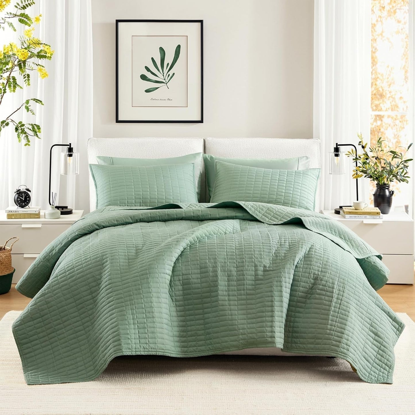 Comfort Spaces Kienna Quilt Set, Luxury Double Stitch Sommarfilt, Lätt, Mjuk, Året Runt Sängkläder, Matchande Örngott, Vit, Filt för King Size-sängar (264,2 X 228,6 Cm), Naty Shop Täcken och Täcken Seafoam King/Cal King(104"X90")