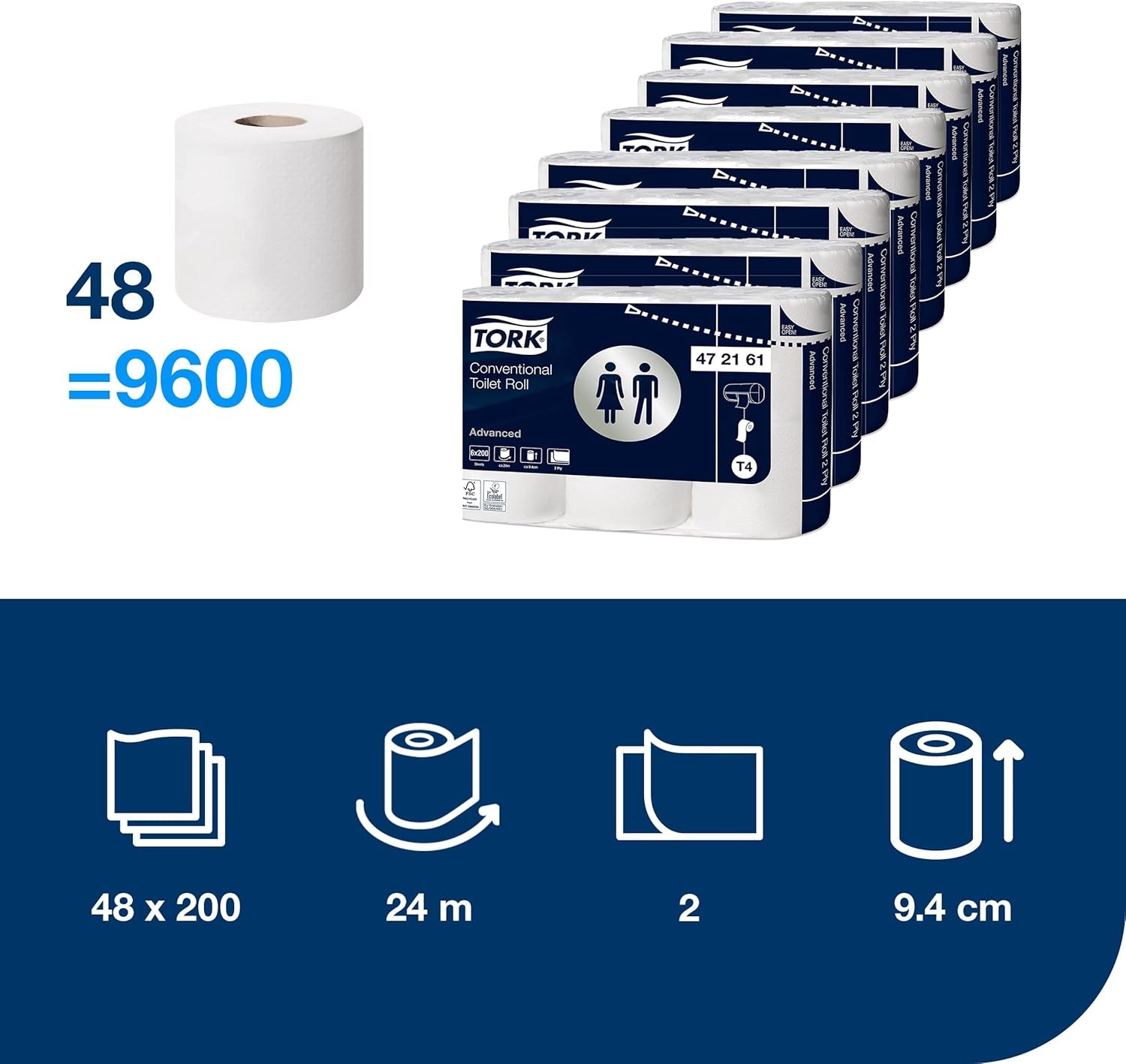Toalettpapper Tork Small Roll White T4, Advanced, 2-lagers, 48 ​​× 200 ark, 472161