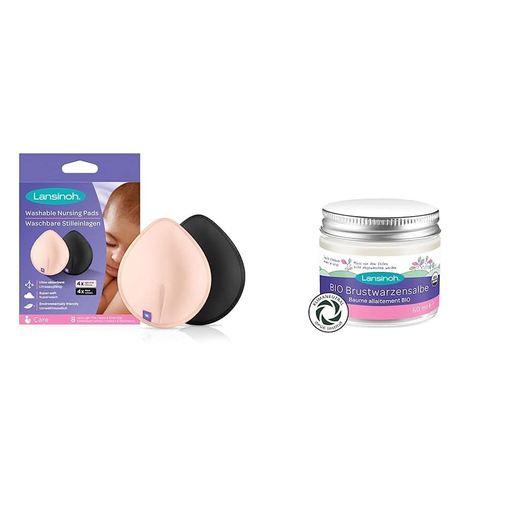Lansinoh Ljusrosa och svarta tvättbara amningsskydd - 8 st, Ultraabsorberande och BIO bröstvårtsalva Tillbehör Mat och Amning Bebe Naty Shop