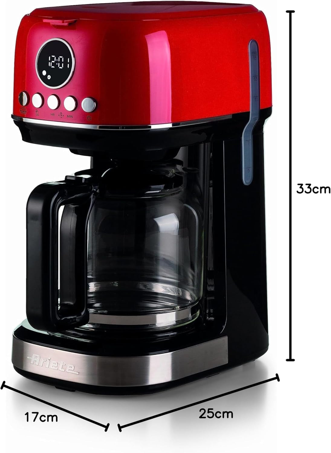 Ariete Moderna 1396 Filter Espressomaskin för att göra amerikanskt kaffe Upp till 15 koppar Glaskaraff Värmeplatta LCD-skärm Avtagbara och tvättbara filter Vita