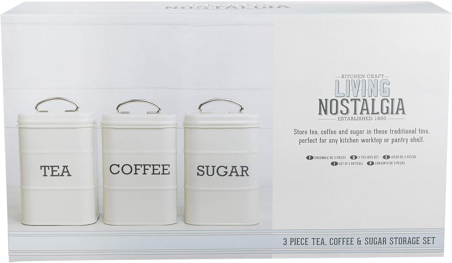 KitchenCraft Living Nostalgia set med 3 förvaringsburkar för te, socker och kaffe i presentförpackning, stål, antik kräm, 11 cm x 11 cm x 17 cm, vintageblå matförvaringslådor Naty Shop