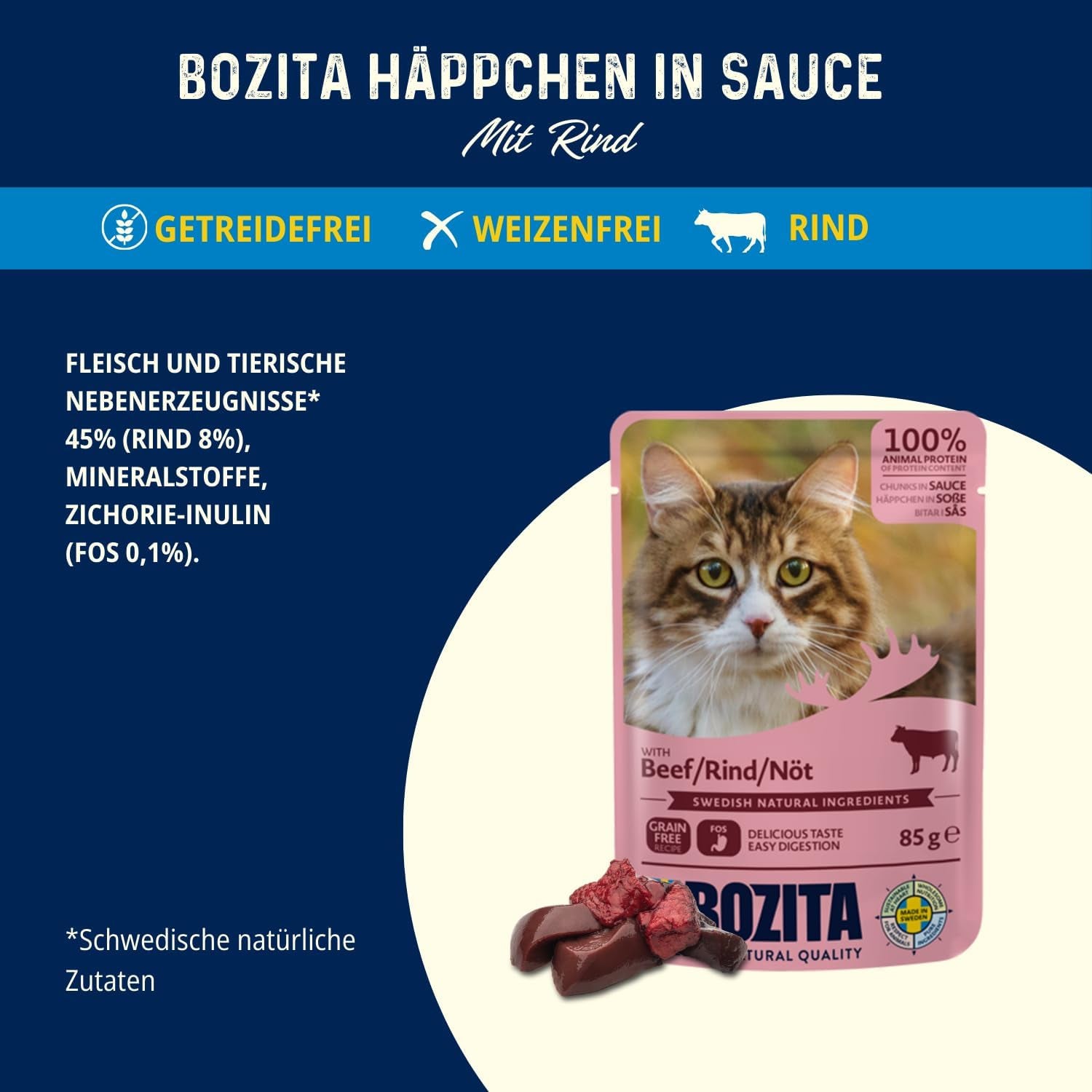 Bozita Pouch Våtfoderbitar i nötköttsås - 12 påsar x 85g Spannmåls- och vetefritt våtfoder för katter - Våtfoder för vuxna katter med 8,5 % protein och 4,5 % fett