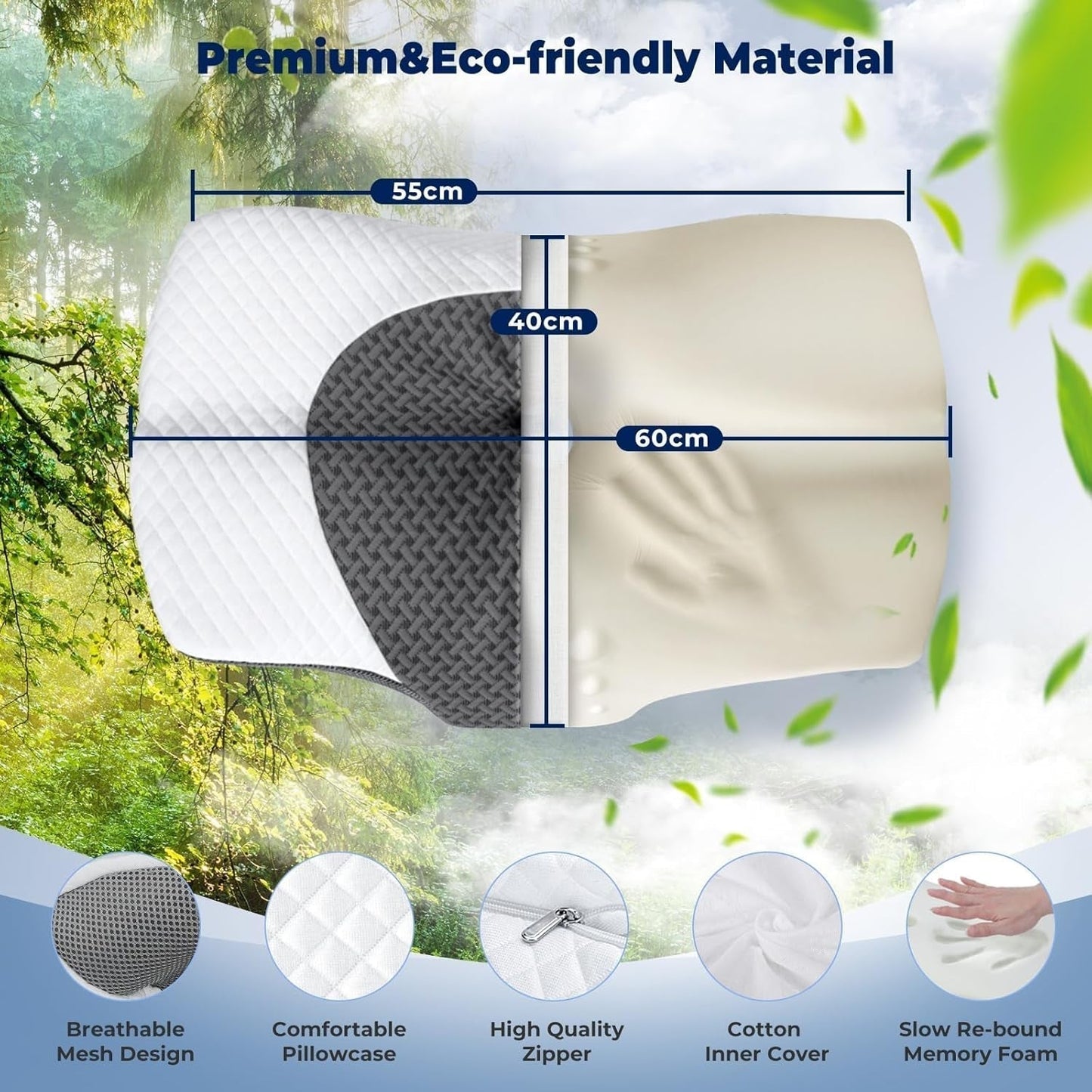 SAHEYER ortopedisk kudde nackstöd kudde huvudkudde, ergonomisk nackkudde sidosovskudde 60 X 40 X 13/11 cm memory foam kudde för sidosleeper, rygg och mage Cervikala ortopediska kuddar Naty Shop