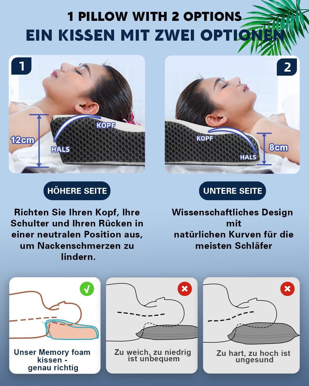 IDEA Kudde, Ergonomisk ortopedisk kudde för nacksmärta, Memory Foam Kudde för sido-, rygg- och bukslipare, Anti-snarkningskudde för män kvinnor (62 * 34,5 * 12/8 cm) Cervikala ortopediska kuddar Naty Shop