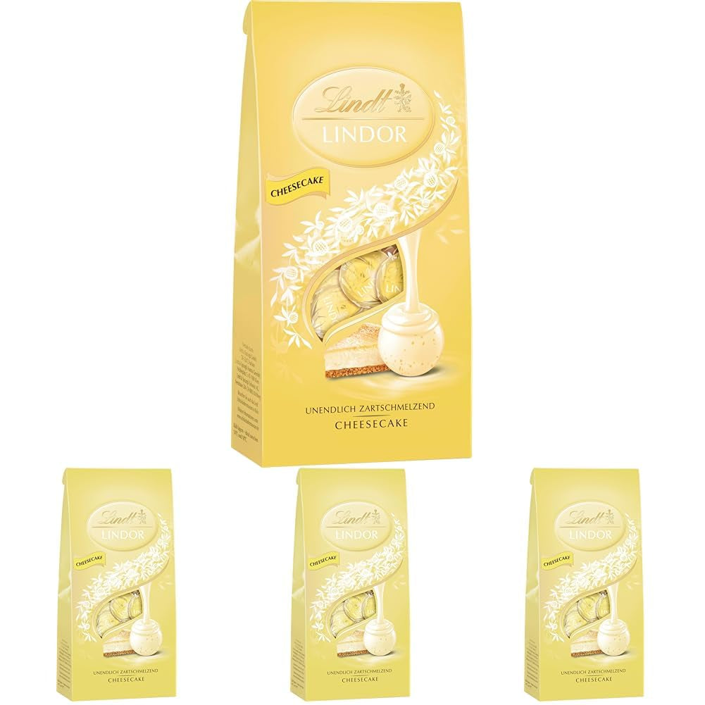 Lindt LINDOR choklad cheesecake bollar | 137g påse | Mjölkchoklad med smält-i-munnen cheesecake-fyllning | Gåva av choklad | Gåva av choklad | LINDOR 75 år (paket med 4)
