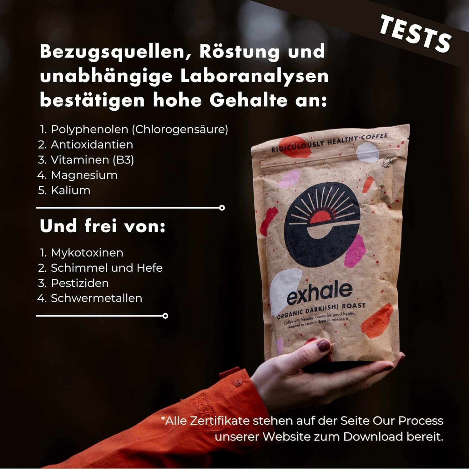 EXHALE Bio GANZE BOHNEN – Dunkel Gerösteter Kaffee – 450g Packung – Mykotoxinfrei & Geeignet für Bulletproof Coffee – Single Origin och 100% Arabica Bohnen